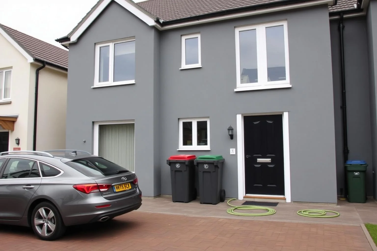 House frontage cluttered with a parked car and wheelie bins before AI Clear Exterior Space