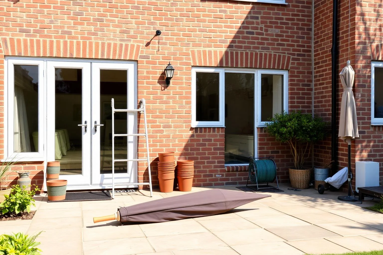 Patio terrace cluttered with a ladder and folded parasol before AI Clear Exterior Space