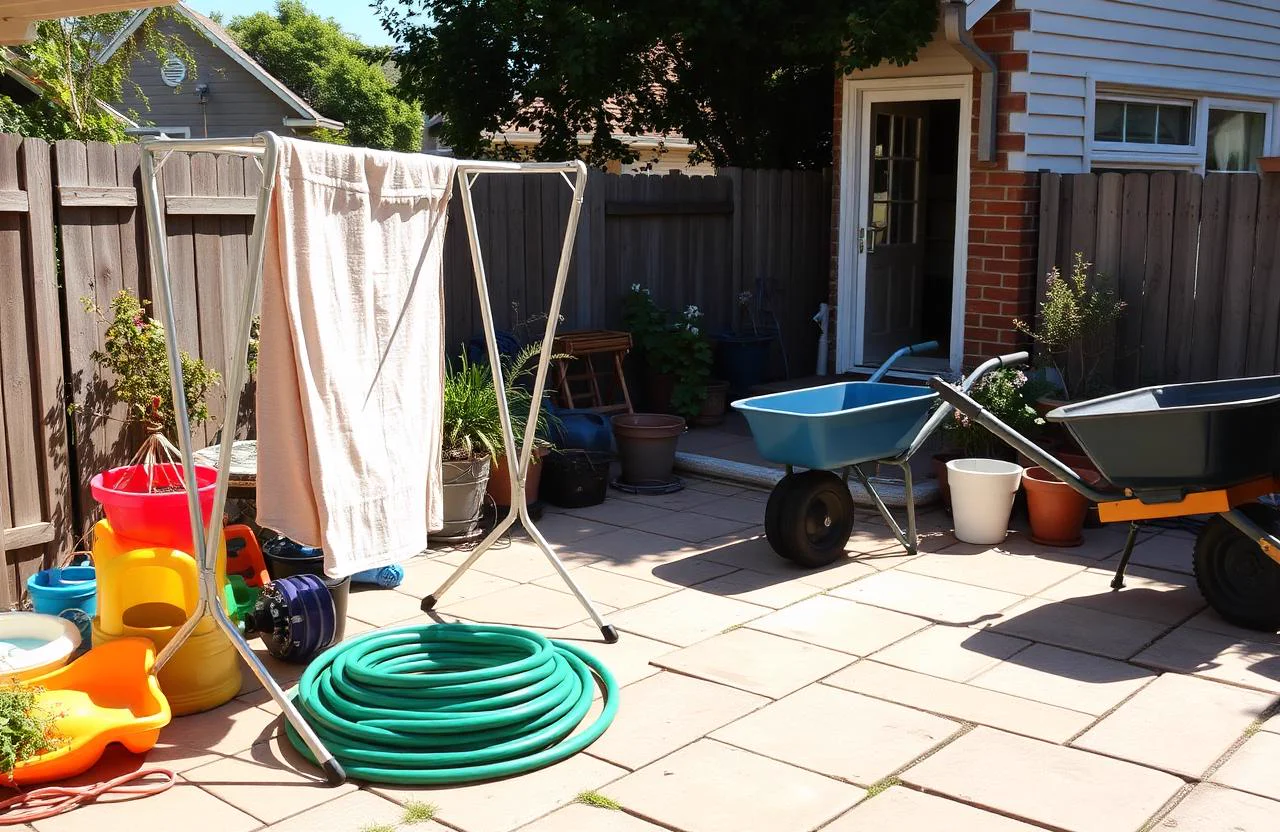 Cluttered backyard patio before AI Clear Outdoor Space