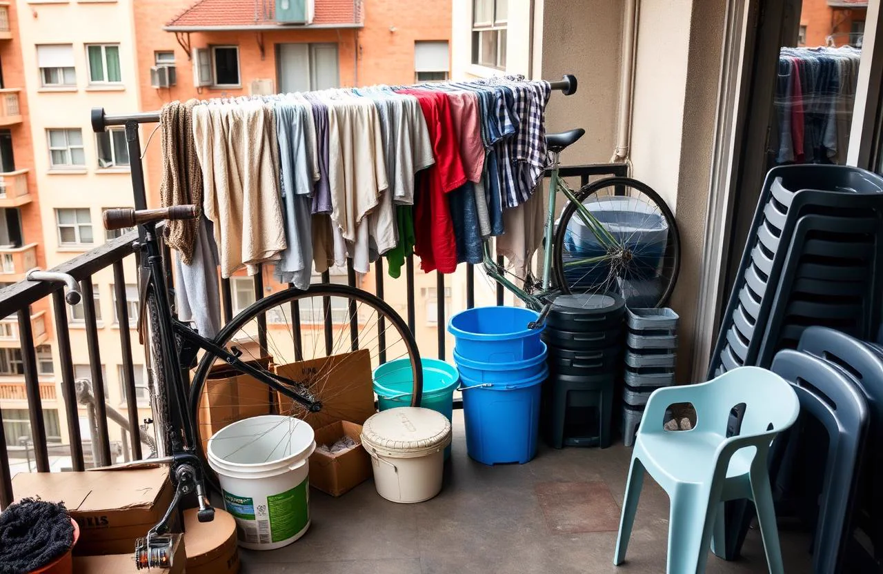Apartment balcony filled with laundry, bicycle and boxes before clearing