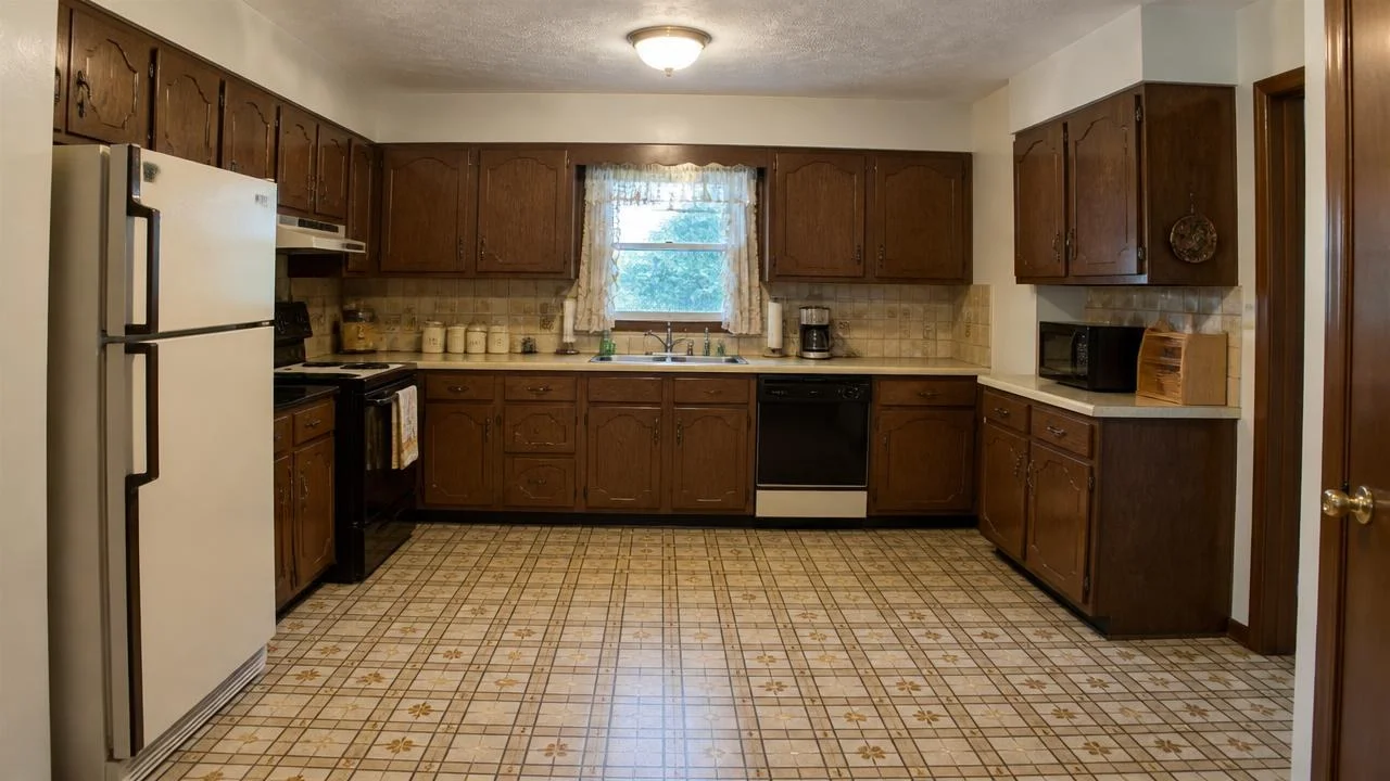 Dated traditional kitchen with dark oak cabinets, patterned vinyl floor, and a white refrigerator.