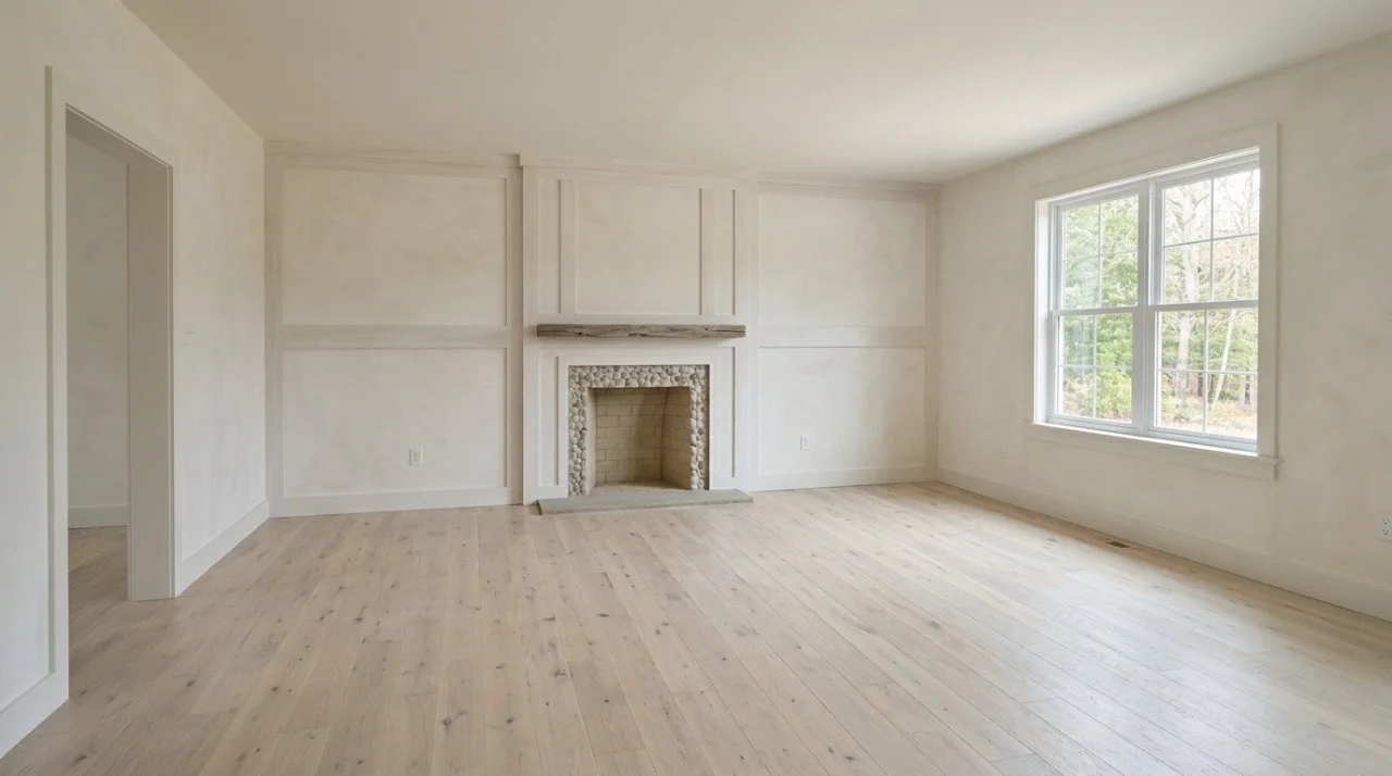 Empty living room featuring light wood flooring, neutral beige walls with subtle paneling, a central stone fireplace, and a large window.
