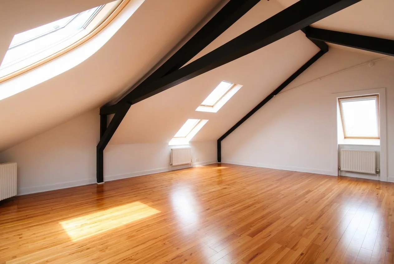 Empty attic loft with exposed beams and skylights after AI Empty Room Generator