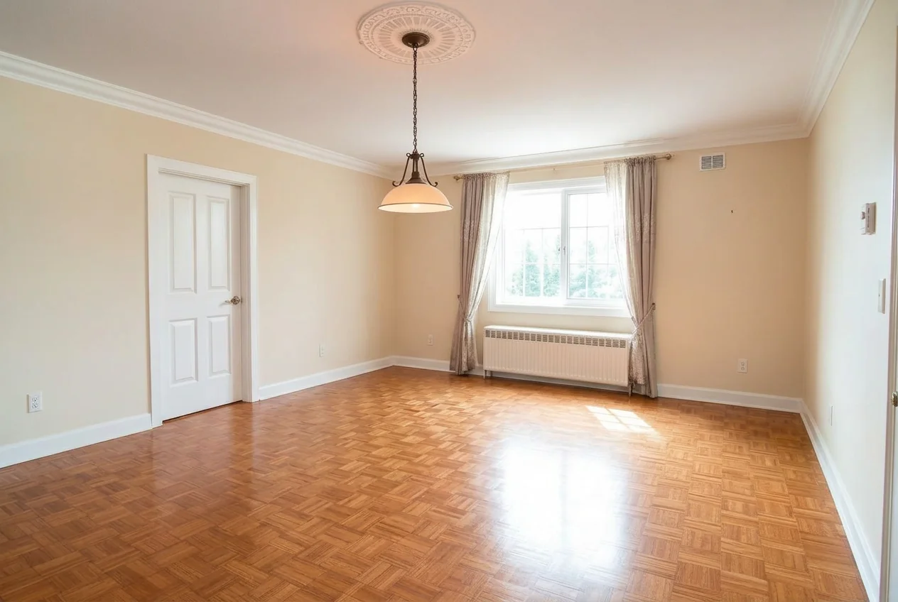 Empty dining room with parquet floor after AI Empty Room Generator