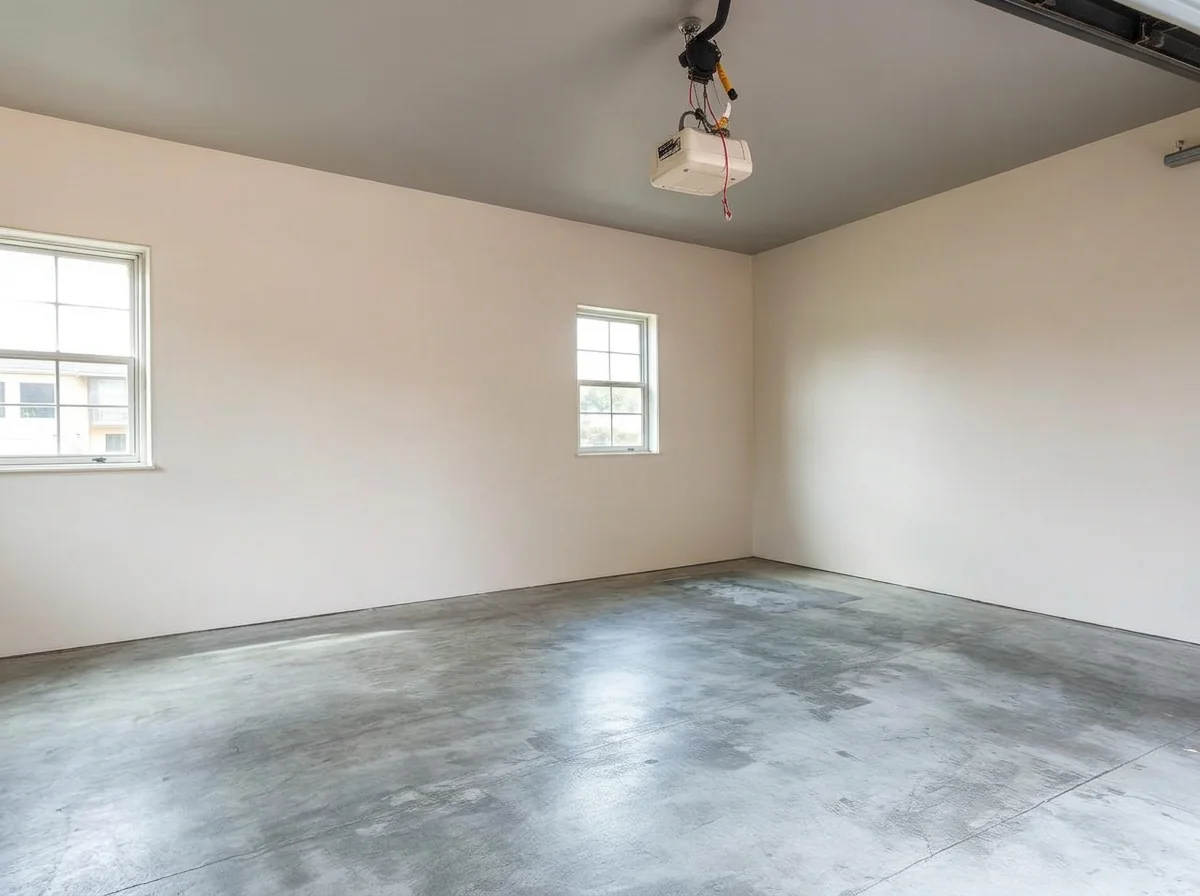 Empty garage with bare concrete floor and clean walls after AI Empty Room Generator
