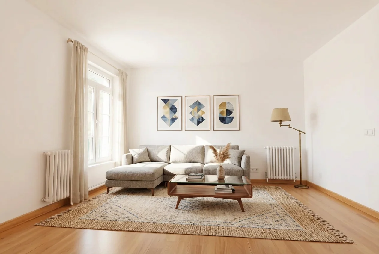 Furnished living room with sofa, rug and plants before AI Empty Room Generator