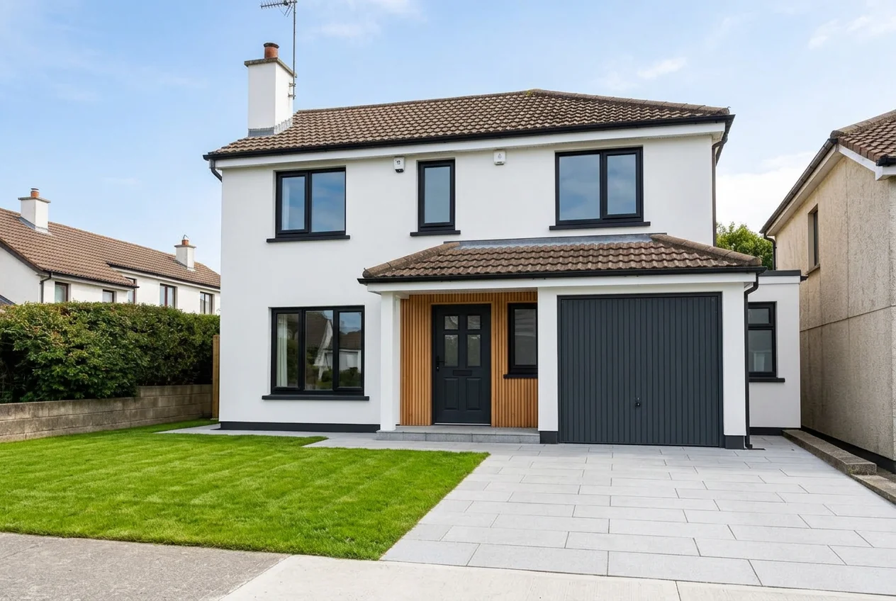 The same house restyled with white render, black windows, timber entrance and fresh landscaping
