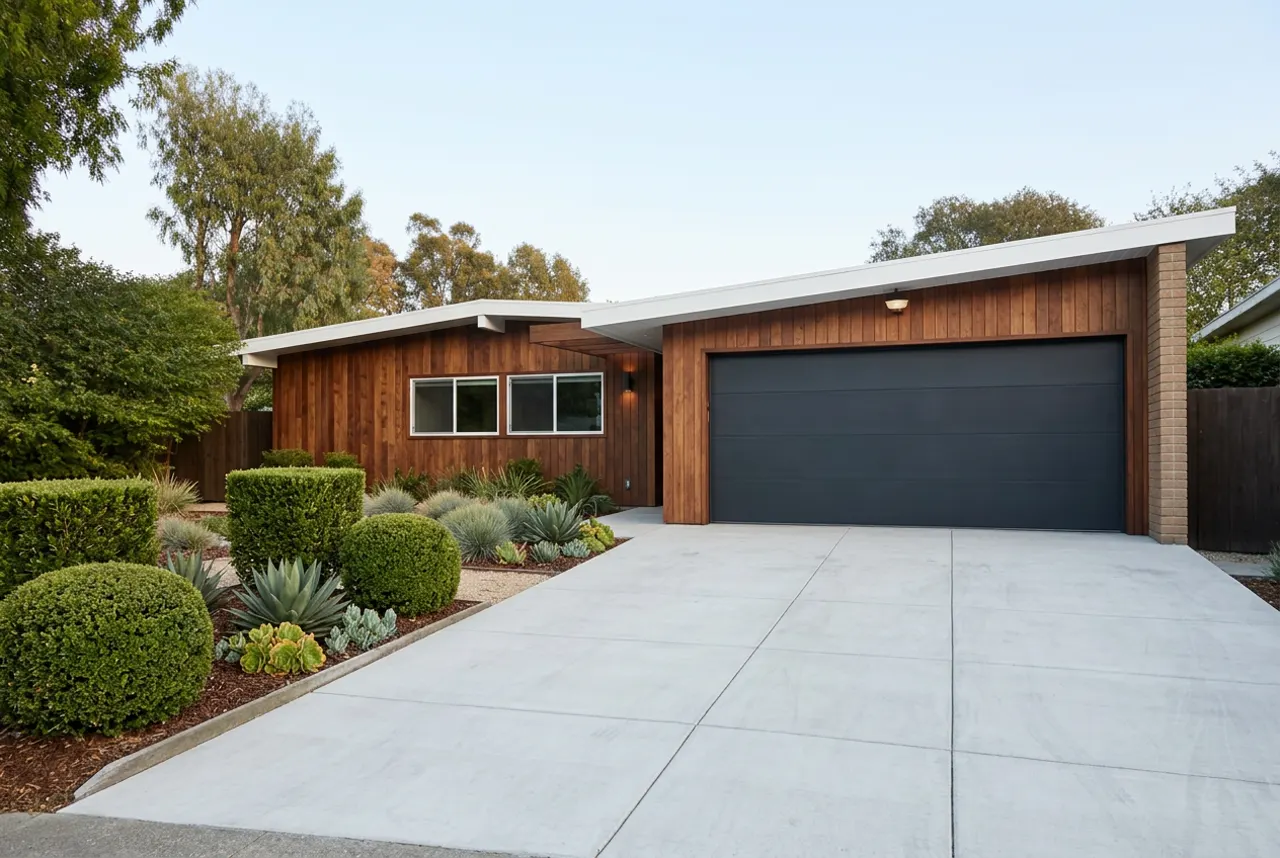The same mid-century house exterior after AI Exterior Redesign in mid-century style
