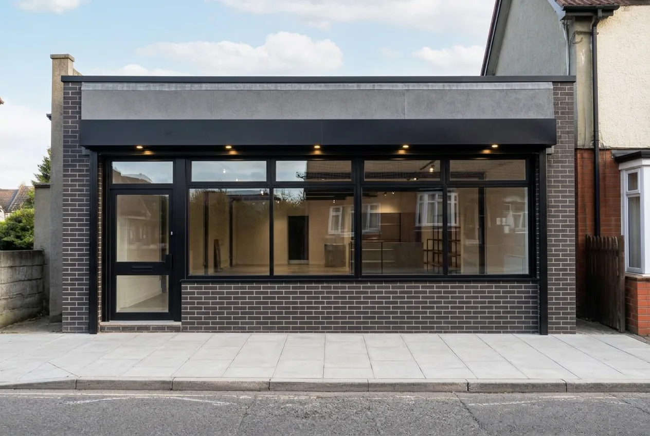 The same storefront exterior after AI Exterior Redesign in industrial style