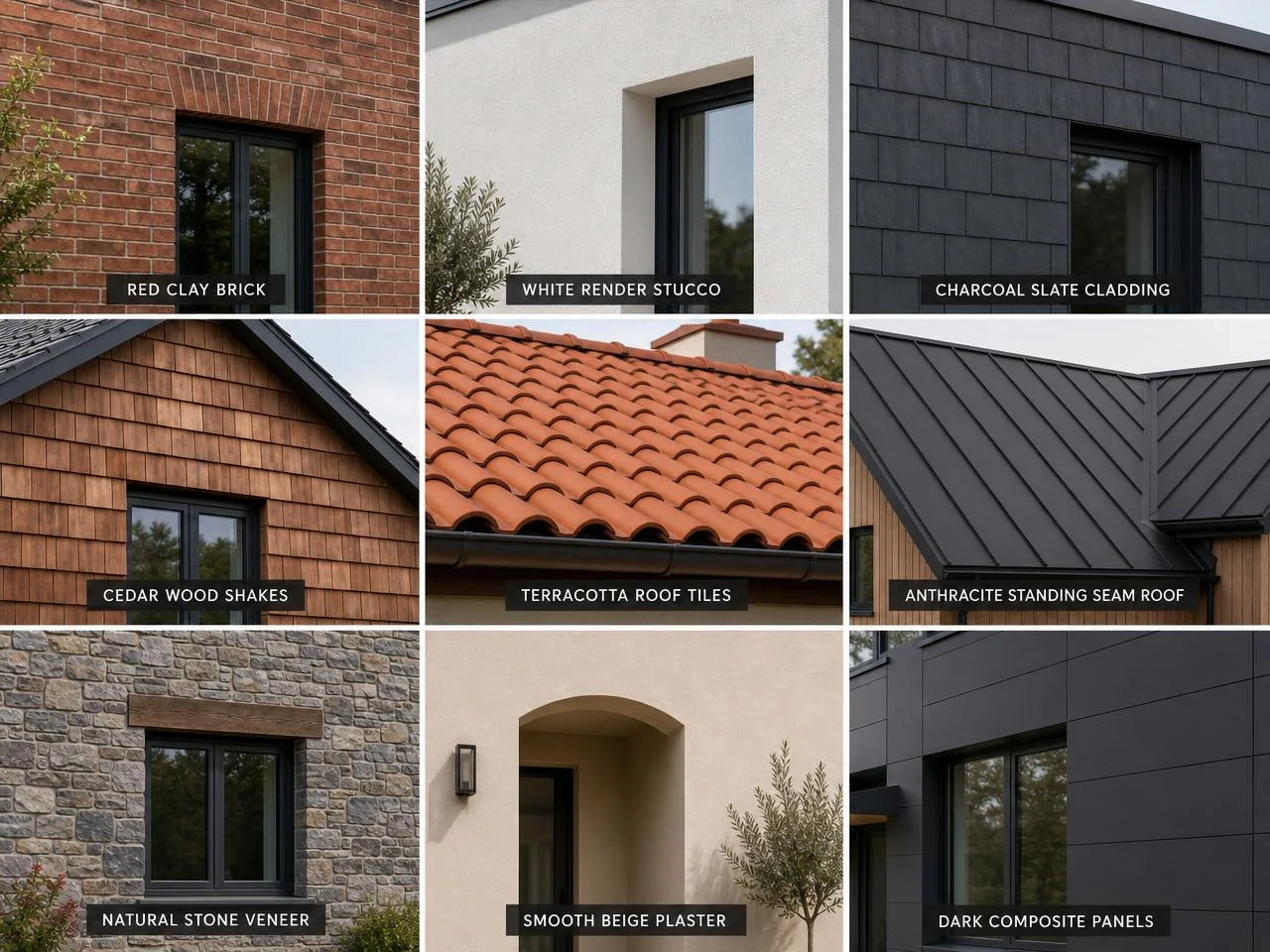 AI exterior renovation material options: brick, stucco, slate cladding and cedar shakes