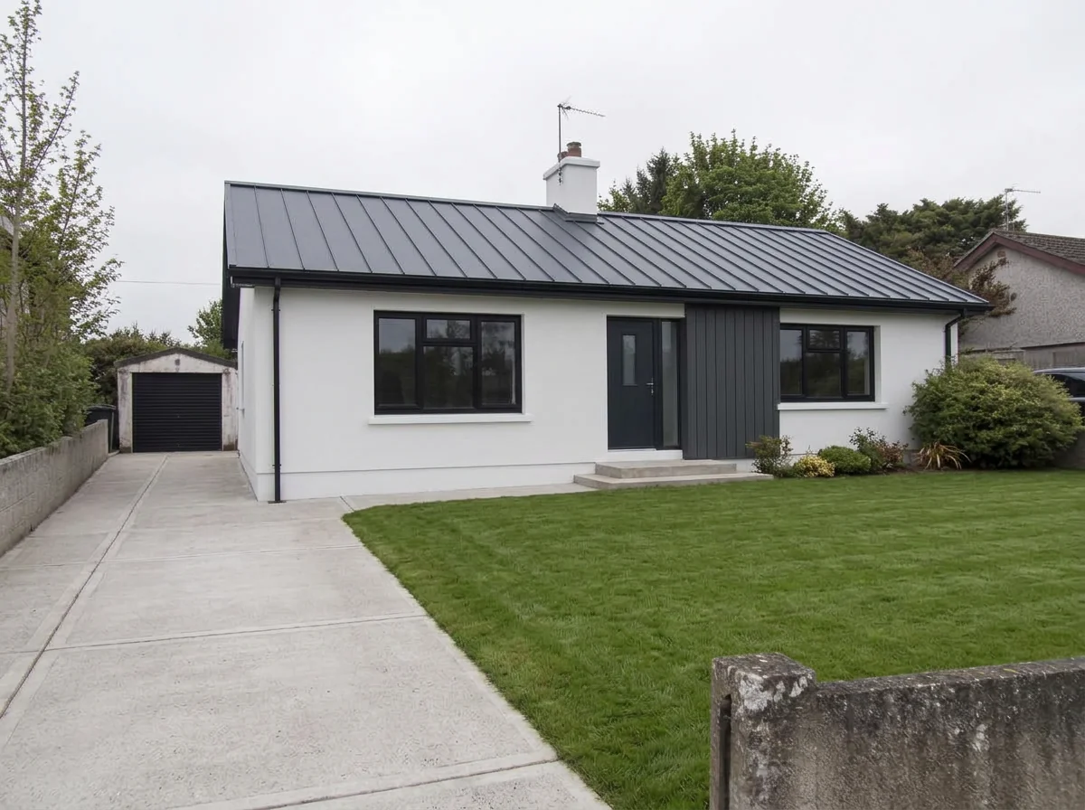 AI renovated bungalow with white render, charcoal cladding and anthracite standing seam roof