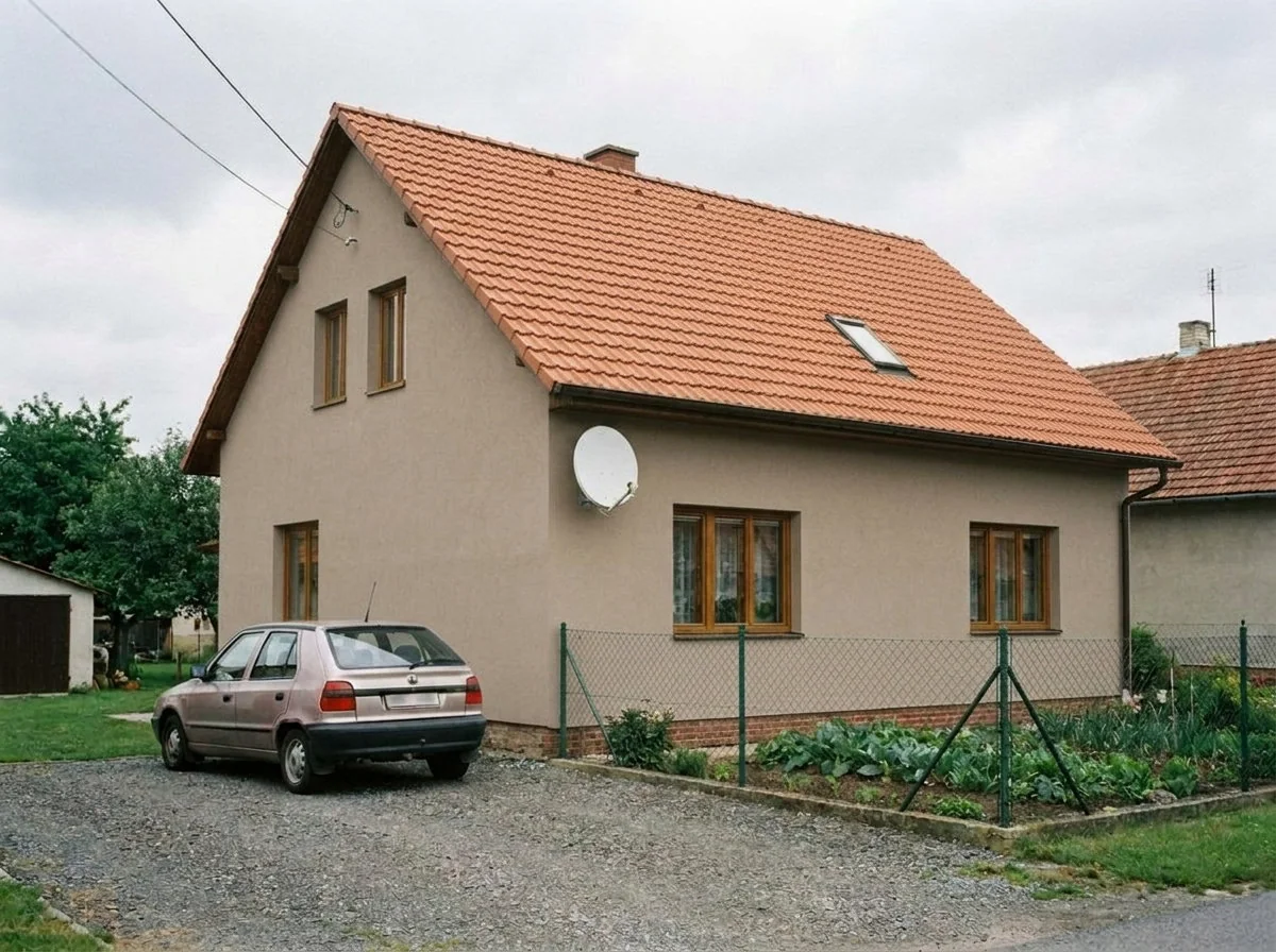 AI renovated family house facade in soft taupe stucco with terracotta roof tiles
