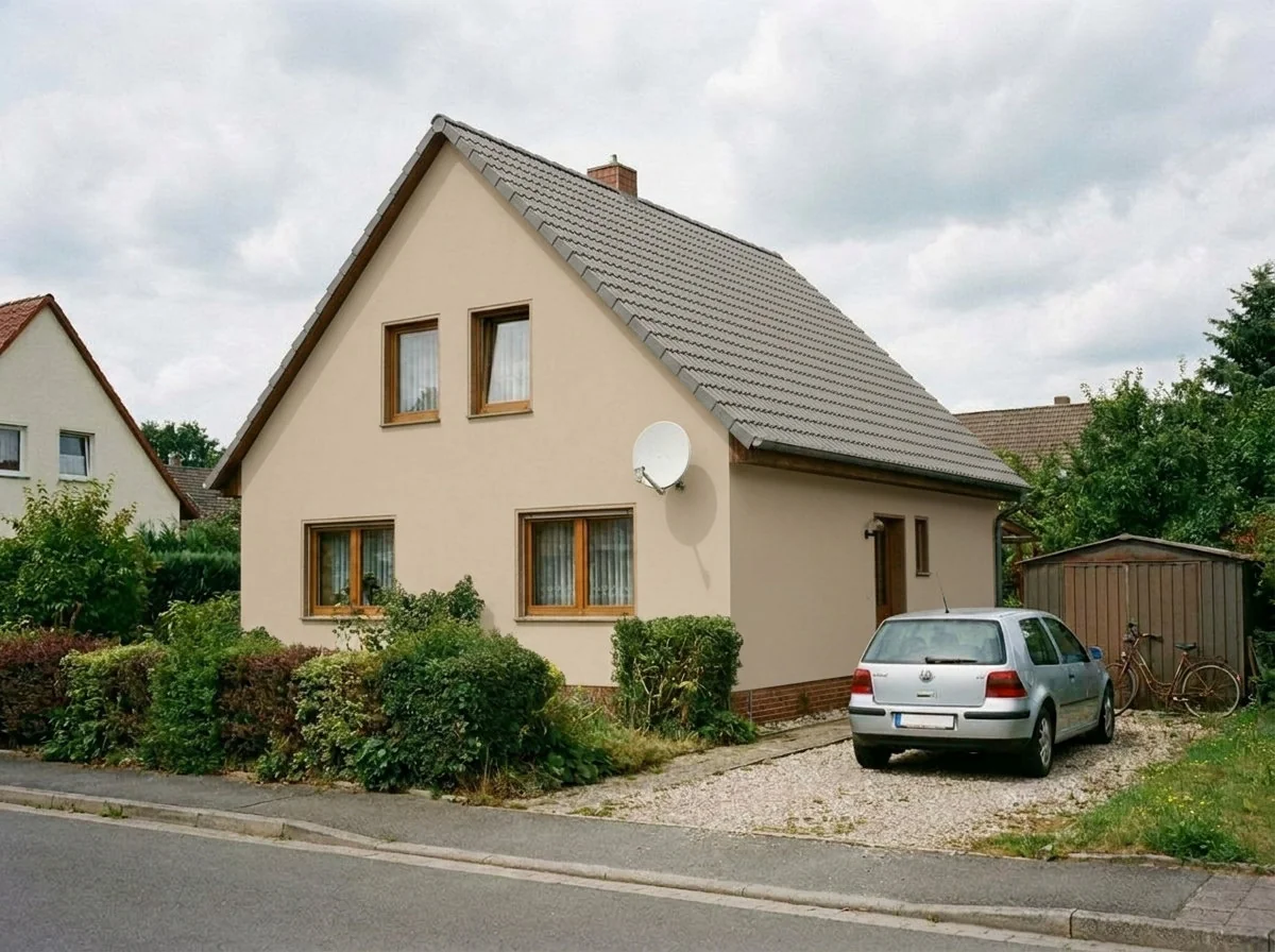 AI renovated gabled house with warm beige stucco and grey concrete roof tiles