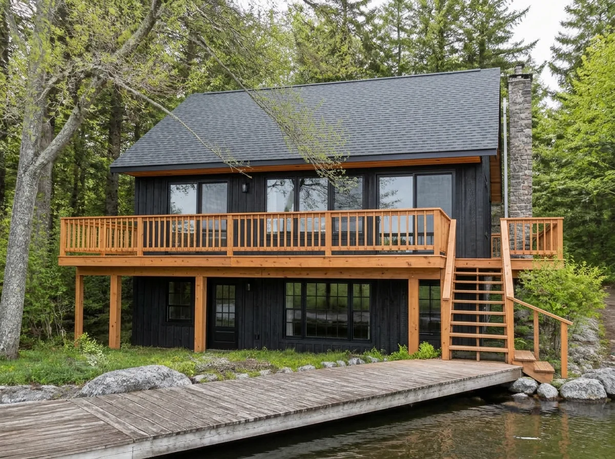 AI renovated lakeside cabin with charred black timber cladding and cedar deck