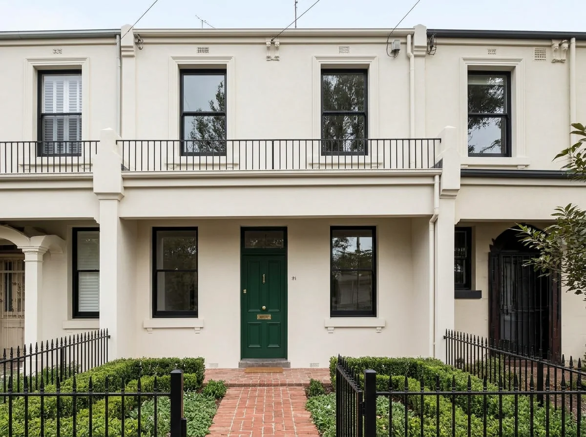 AI renovated terraced townhouse with cream lime render, green front door and black railings