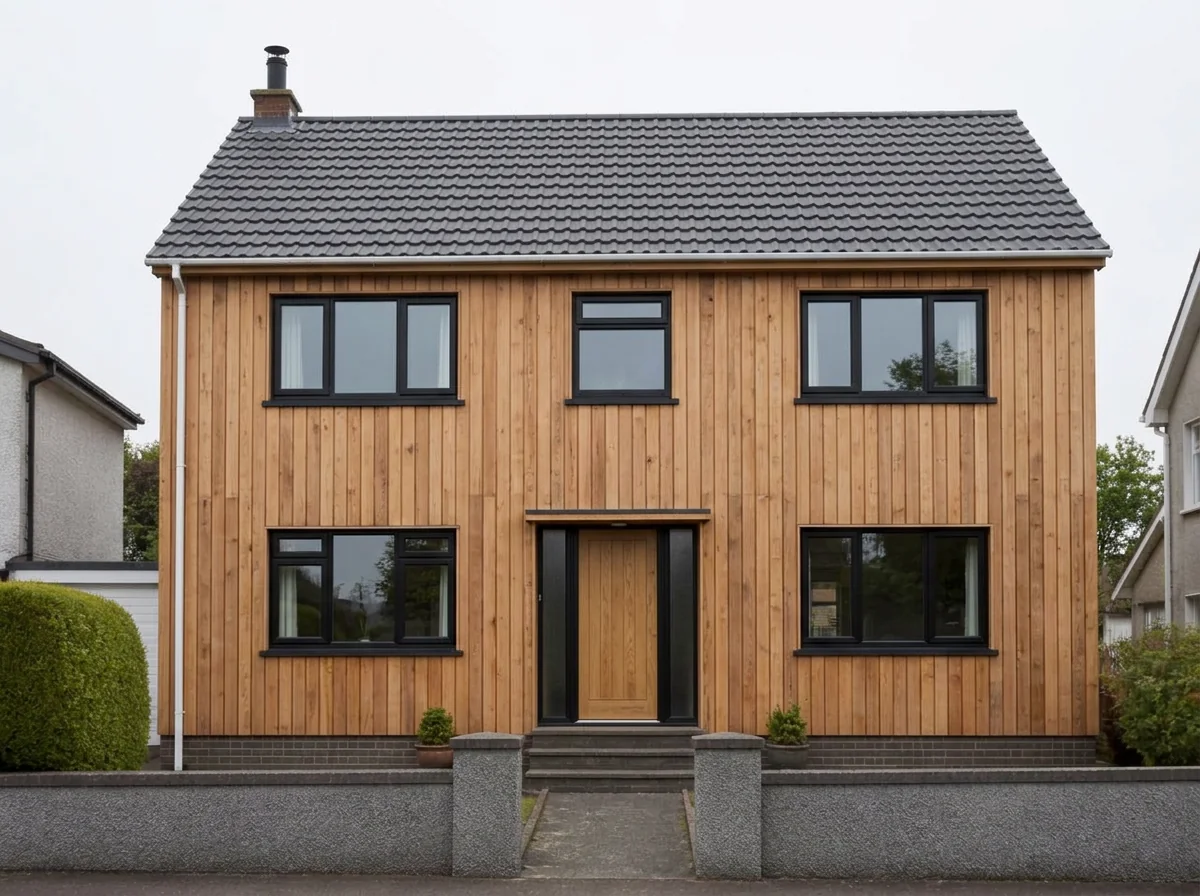 House exterior clad in warm vertical cedar wood with dark grey roof tiles