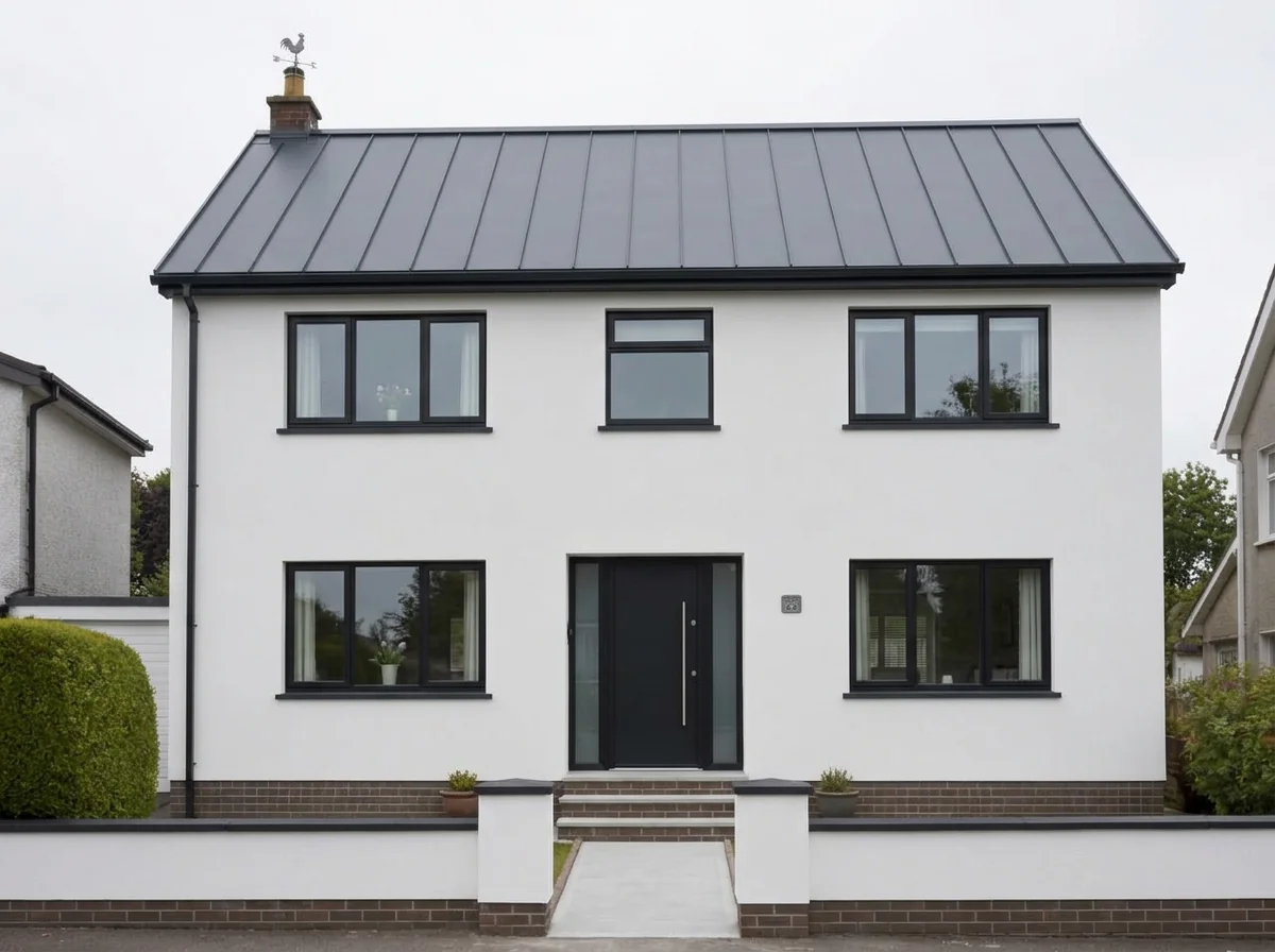 House exterior renovated with white render and anthracite standing seam metal roof