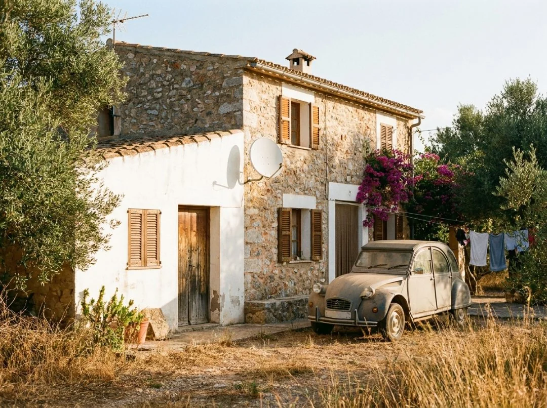 Old Mediterranean stone cottage with crumbling plaster facade before AI exterior renovation