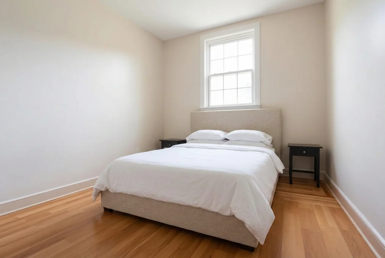 Bedroom after AI Furniture Replacer swapped in an upholstered linen bed with white bedding