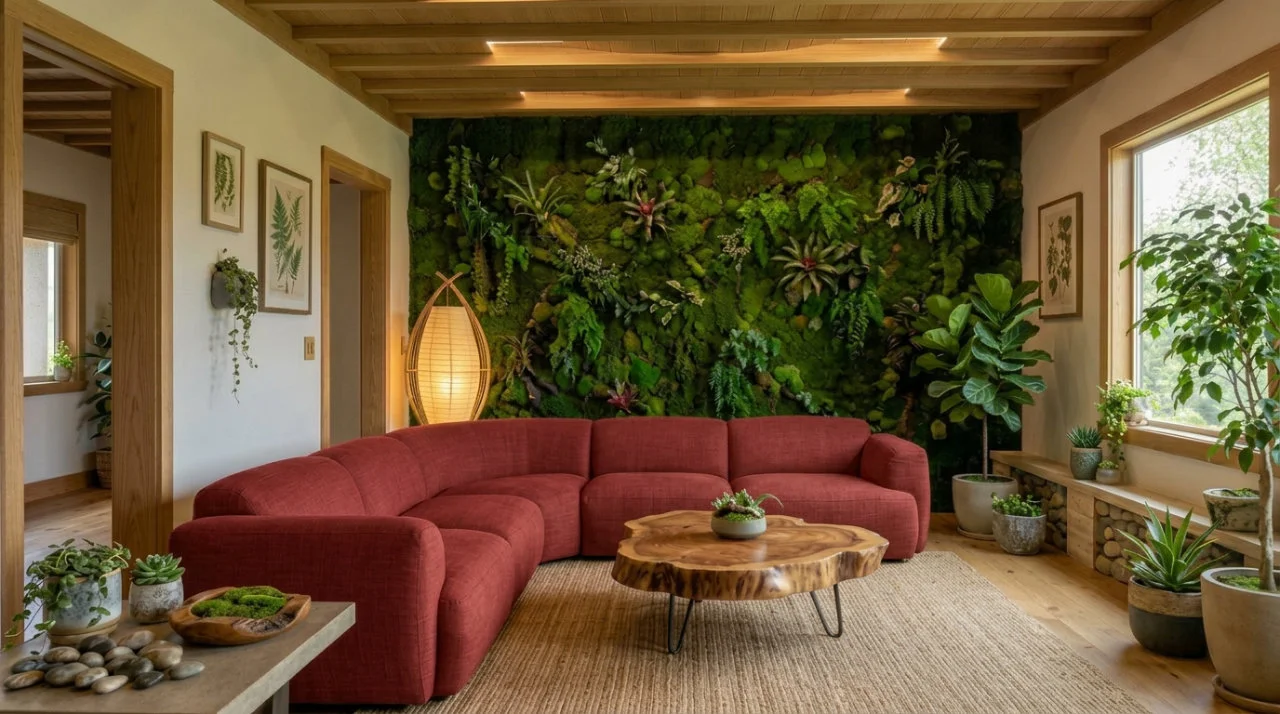 Biophilic living room after AI Furniture Replacer swapped in a deep red modular sofa
