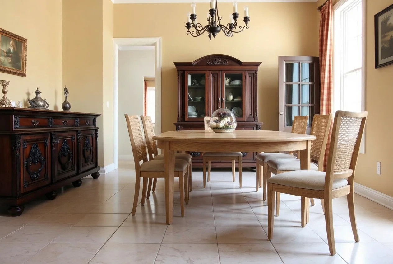 Dining room after AI Furniture Replacer swapped in a light oak table with cane chairs
