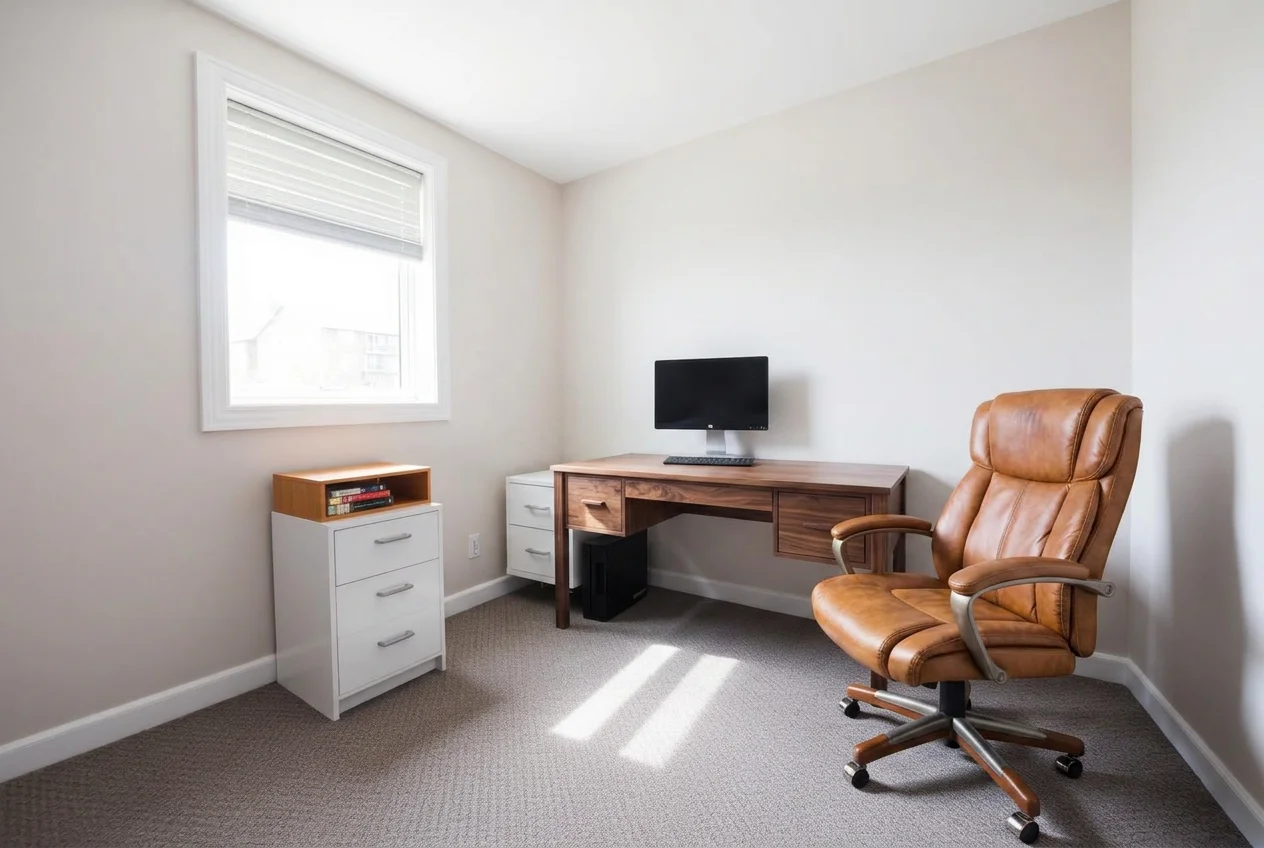 Home office after AI Furniture Replacer swapped in a walnut desk and tan leather chair