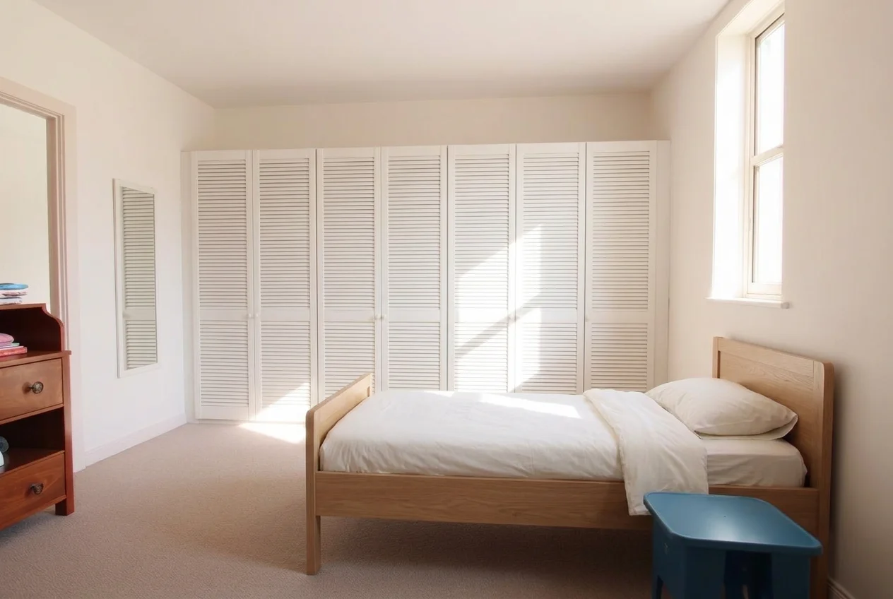 Kids bedroom after AI Furniture Replacer swapped in a white slatted wardrobe and oak bed