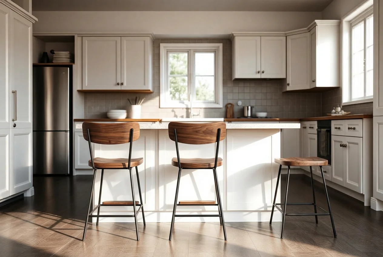 Kitchen island after AI Furniture Replacer swapped in black metal counter stools with walnut seats