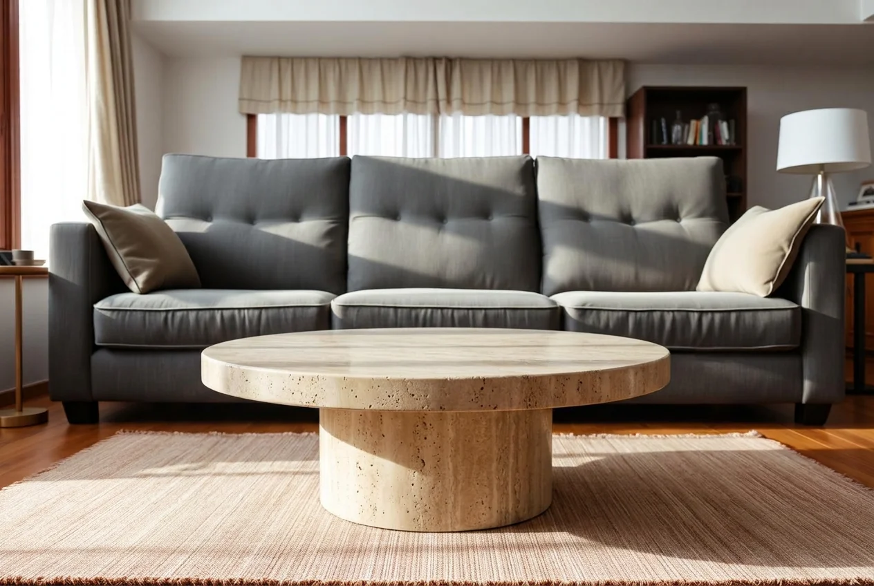 Living room after AI Furniture Replacer swapped in a round travertine coffee table