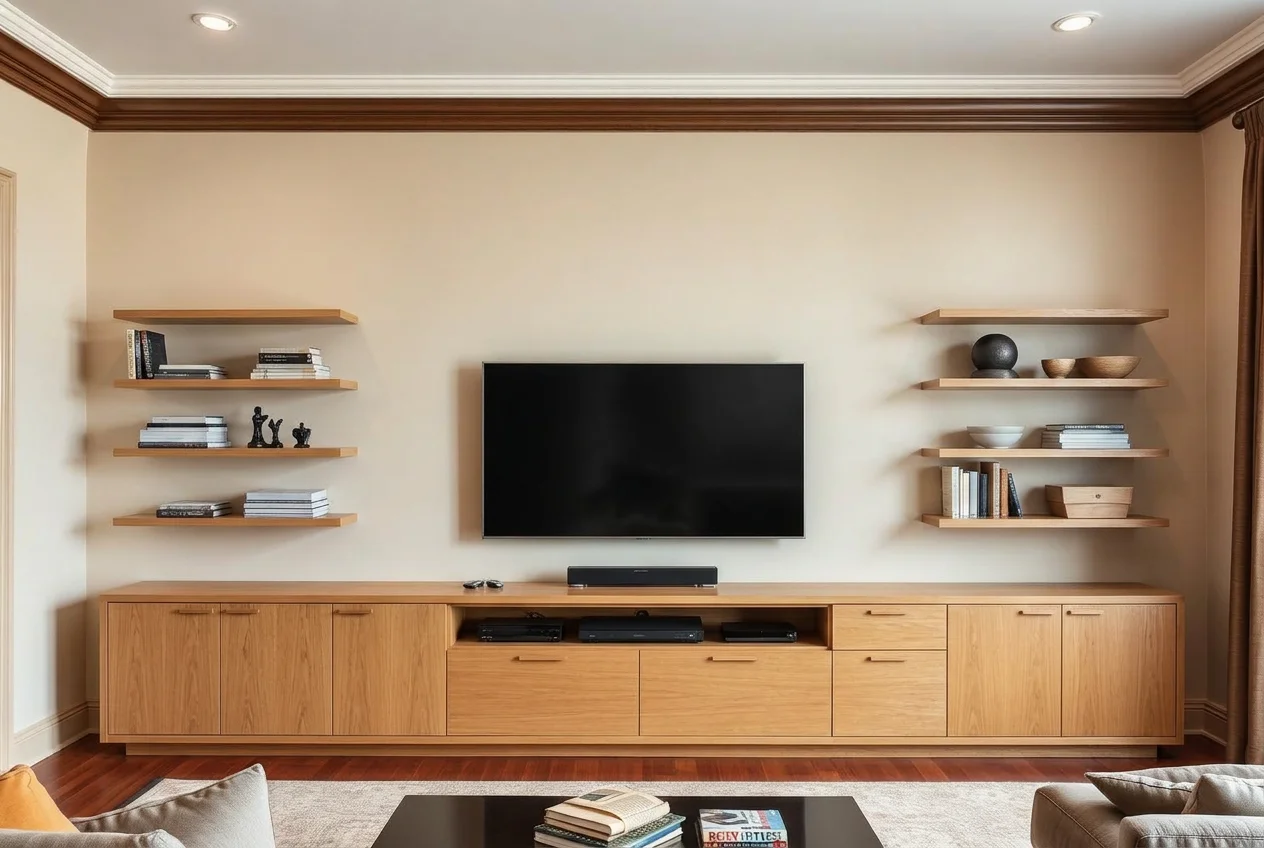Living room after AI Furniture Replacer swapped in an oak sideboard with floating shelves