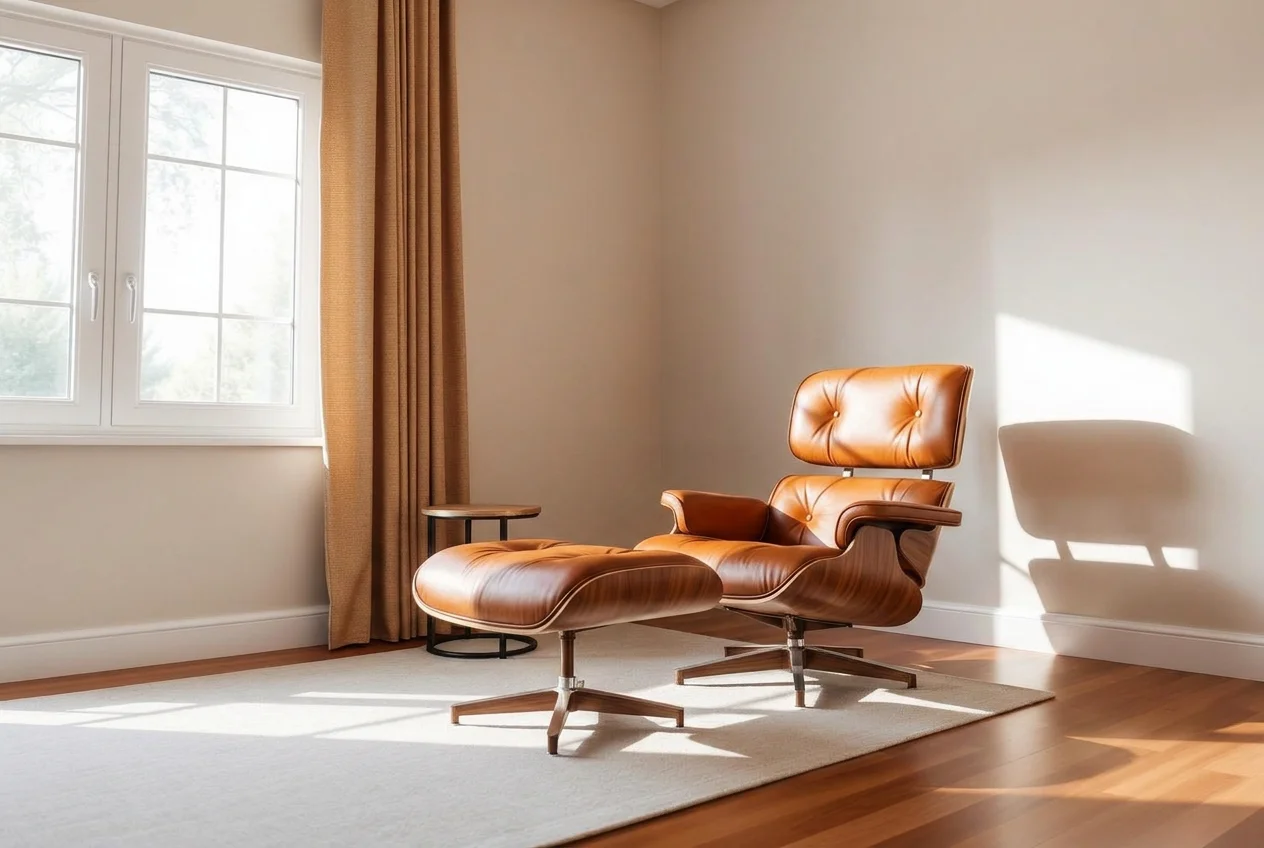 Living room corner after AI Furniture Replacer swapped in a mid-century cognac leather lounge chair