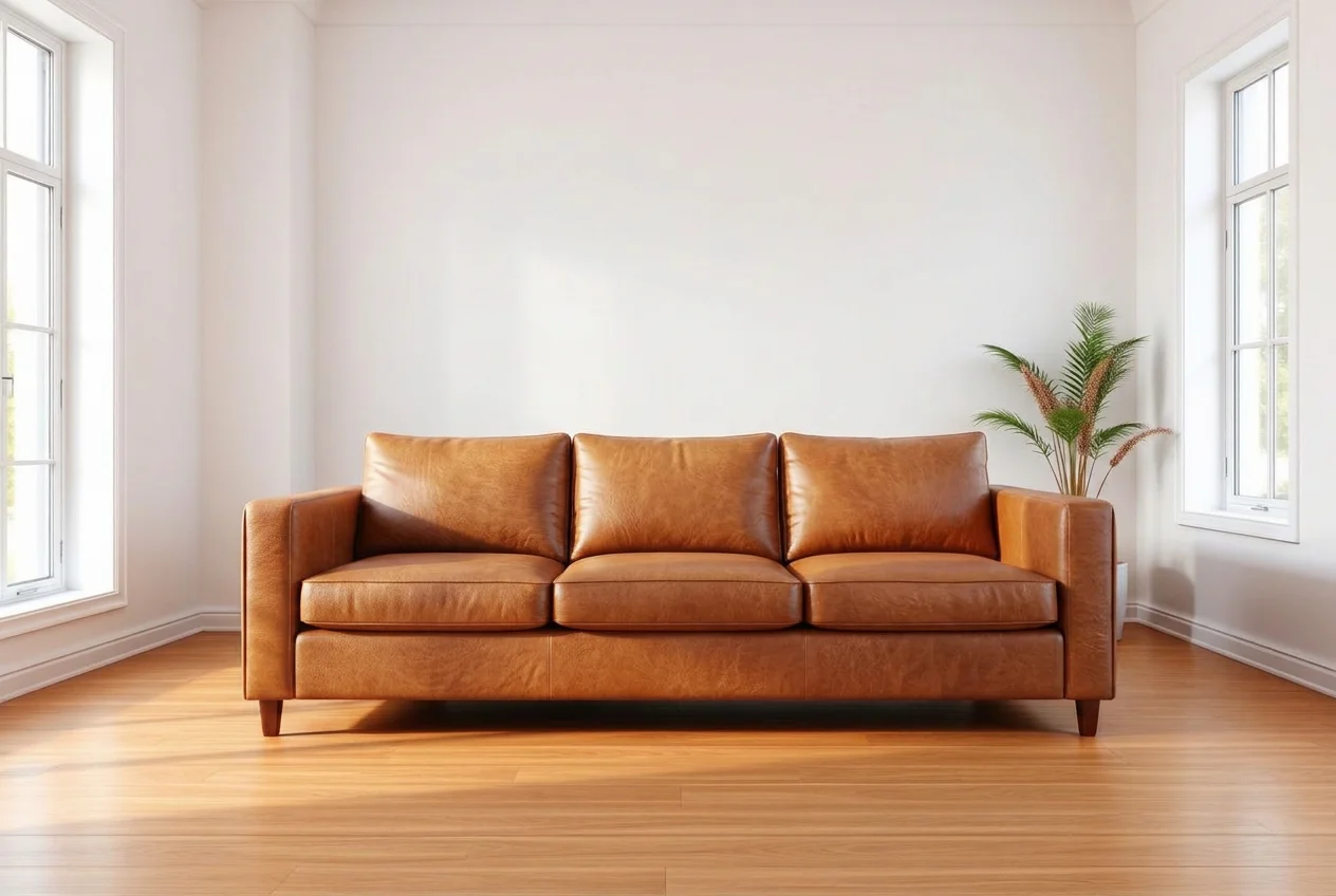 Living room sofa replaced with a cognac tan leather sofa by AI Furniture Replacer