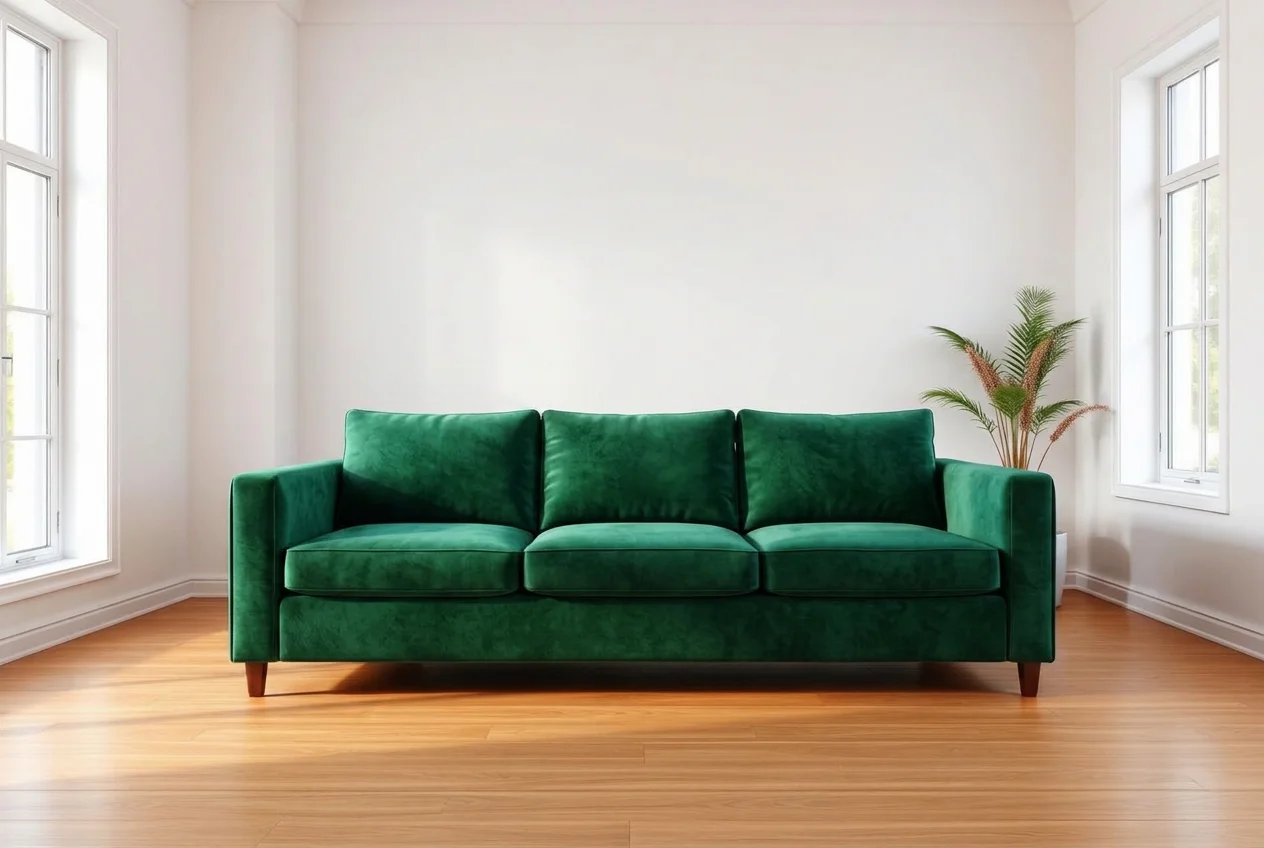 Living room sofa replaced with an emerald green velvet sofa by AI Furniture Replacer