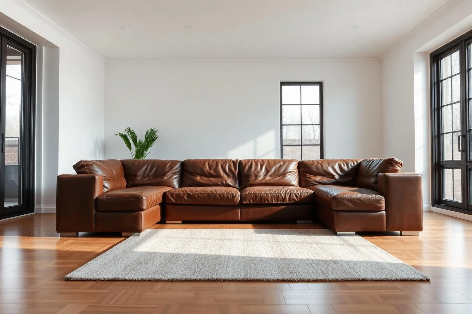 Living room with a worn brown leather sofa before AI furniture replacement