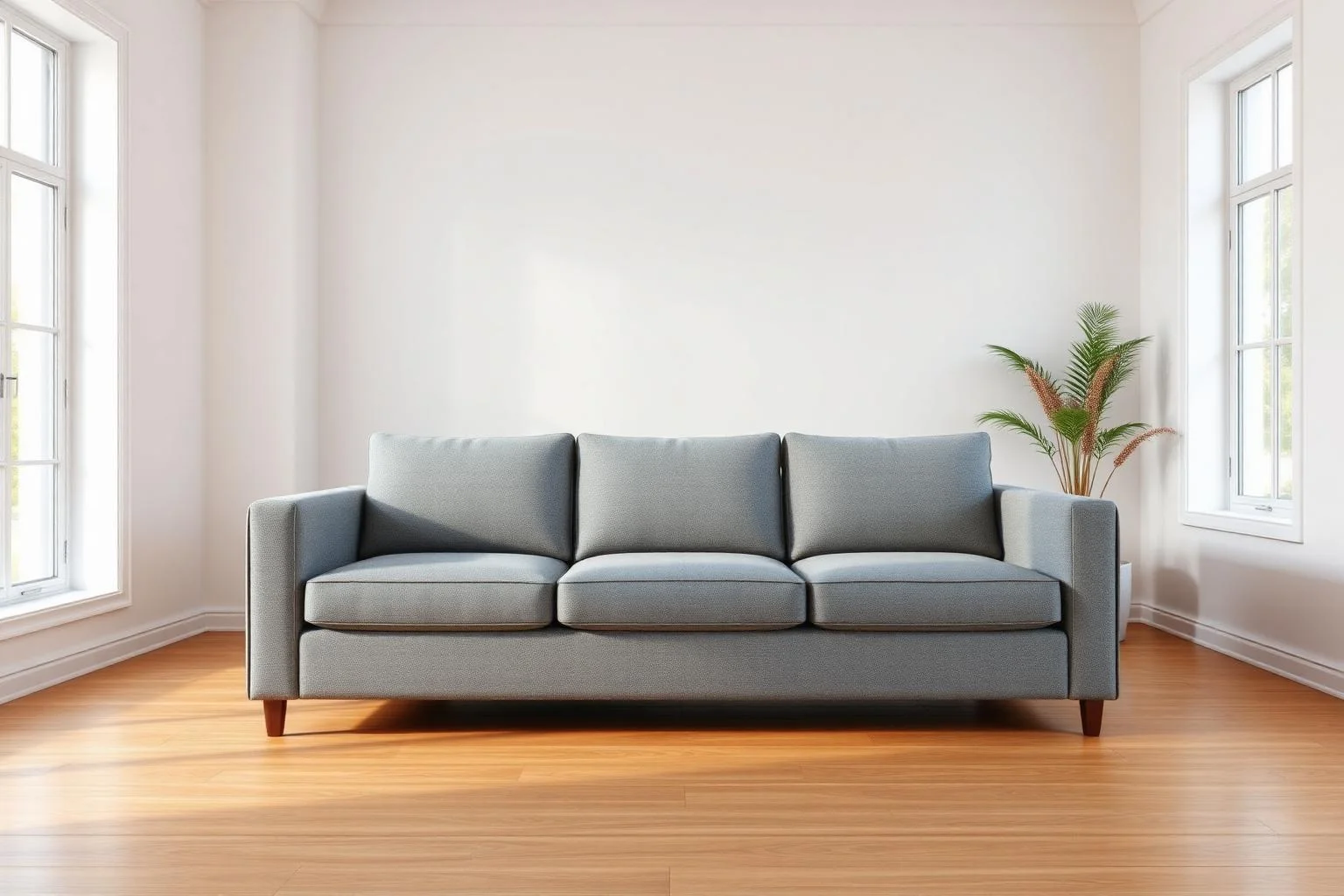 Minimalist living room with a plain grey fabric sofa before AI furniture replacement