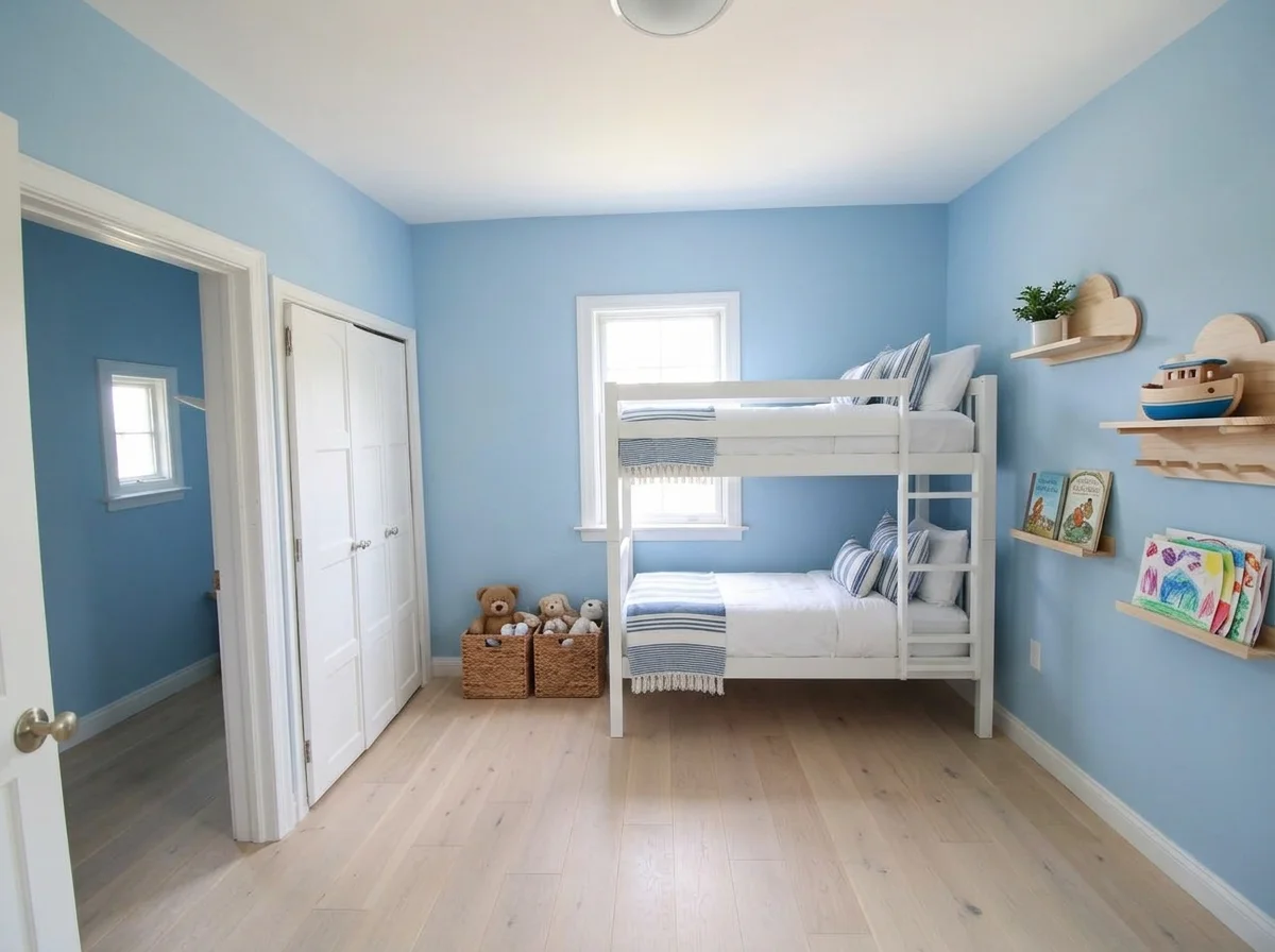 AI-redesigned coastal kids room with a white bunk bed, sky-blue walls and rattan storage baskets.