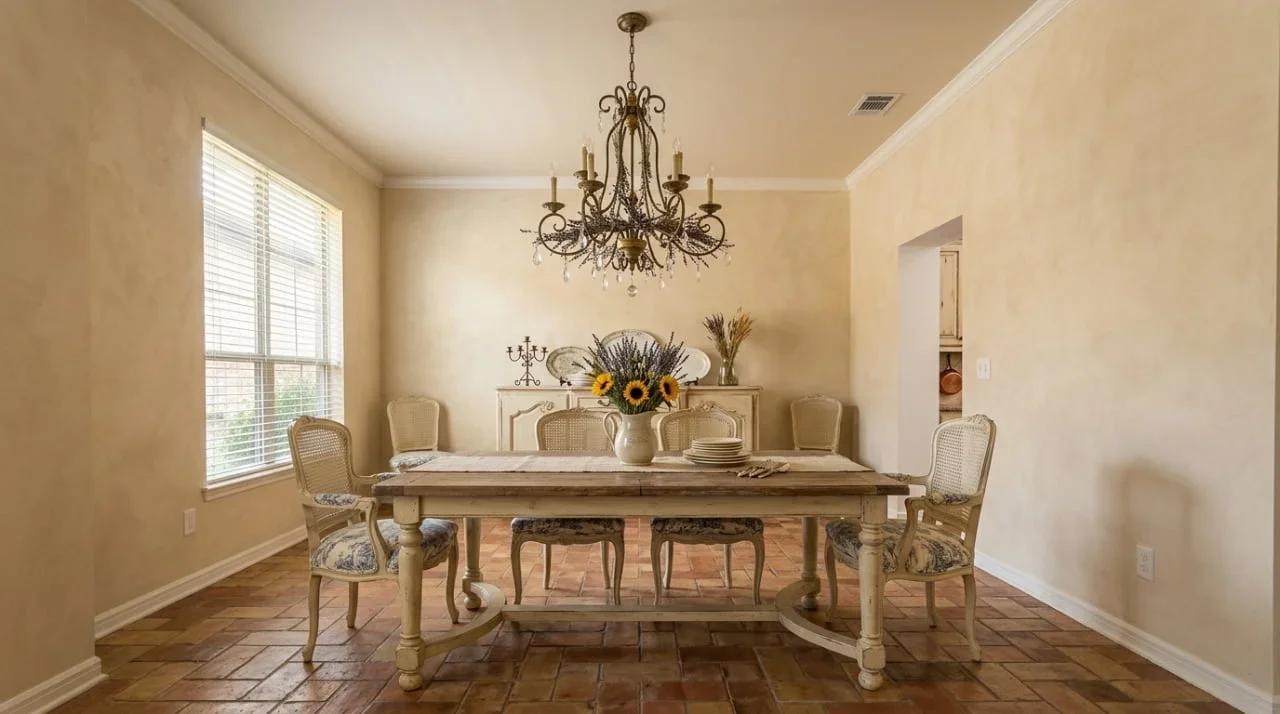 AI-redesigned French country dining room with a solid wood table, rattan chairs and soft linen textiles.