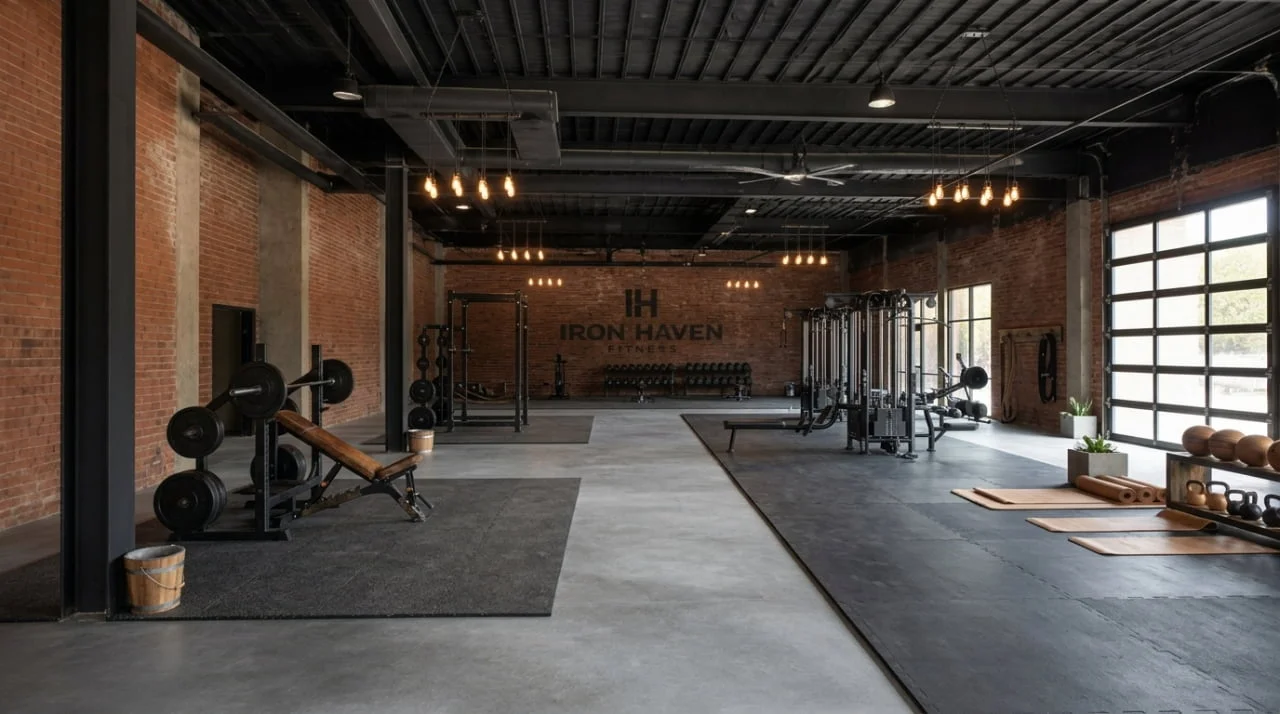 AI-redesigned industrial home gym with rubber flooring, black steel racks and pendant lighting.