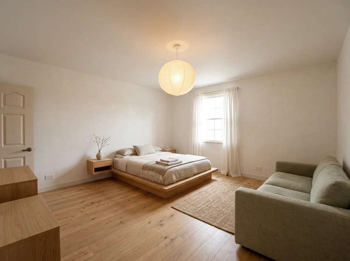AI-redesigned Japandi bedroom with a low oak platform bed, linen bedding and a paper pendant lamp.