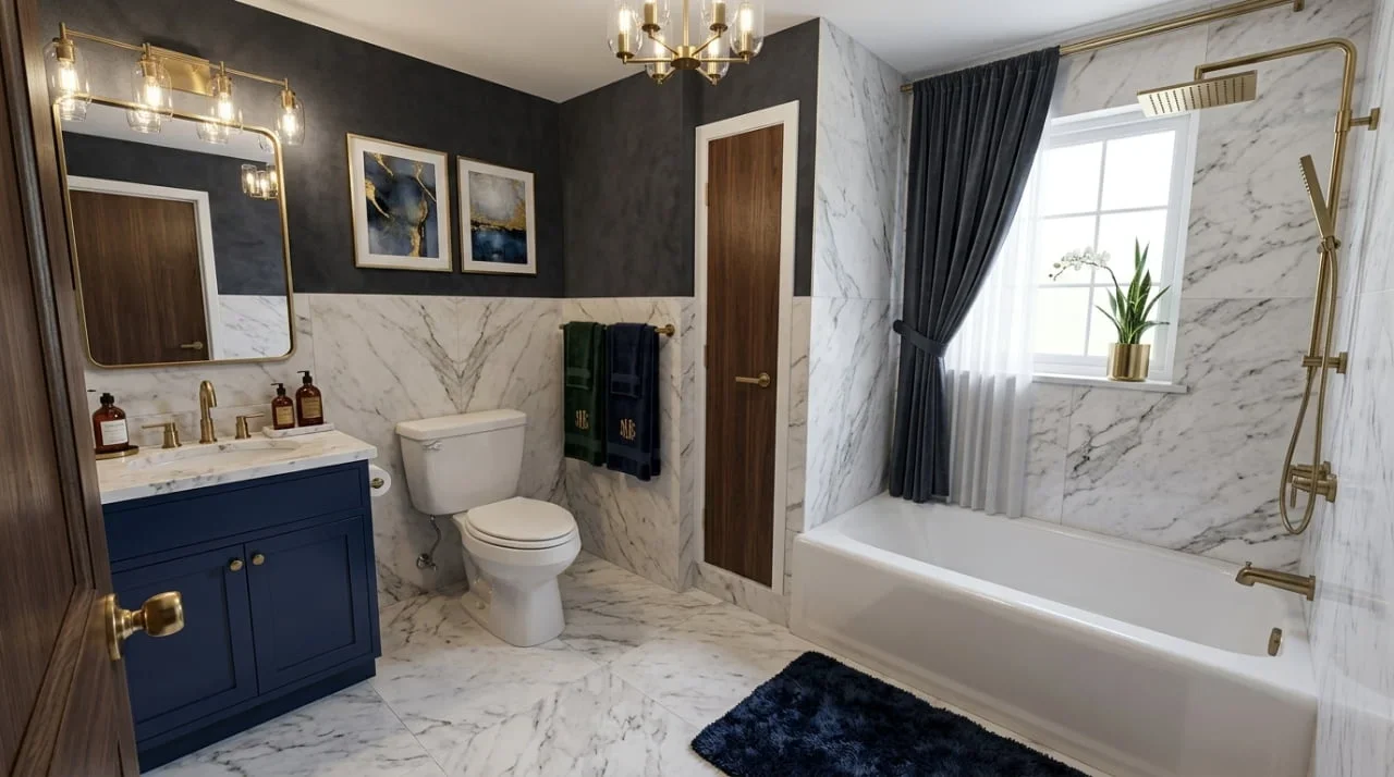 AI-redesigned luxury bathroom with large-format marble tiles, walk-in shower and warm brass fittings.