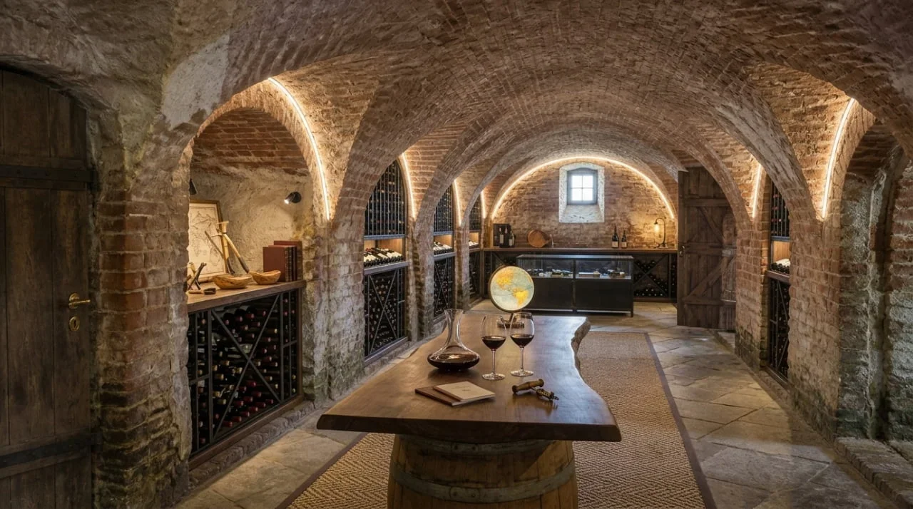 AI-redesigned luxury wine cellar with backlit wooden racks, stone flooring and a tasting nook.