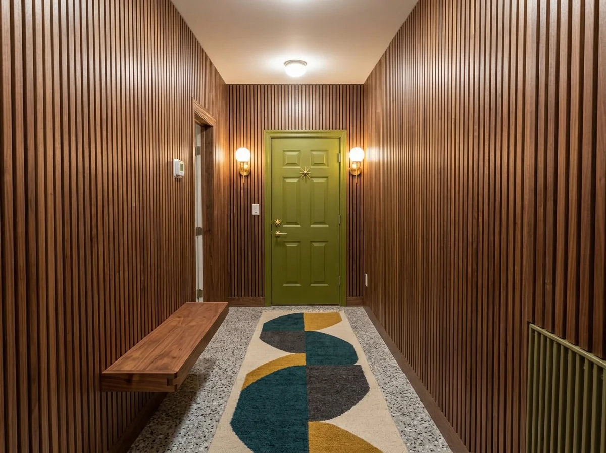 AI-redesigned mid-century modern entryway with walnut slat walls, terrazzo floor and brass globe lights.