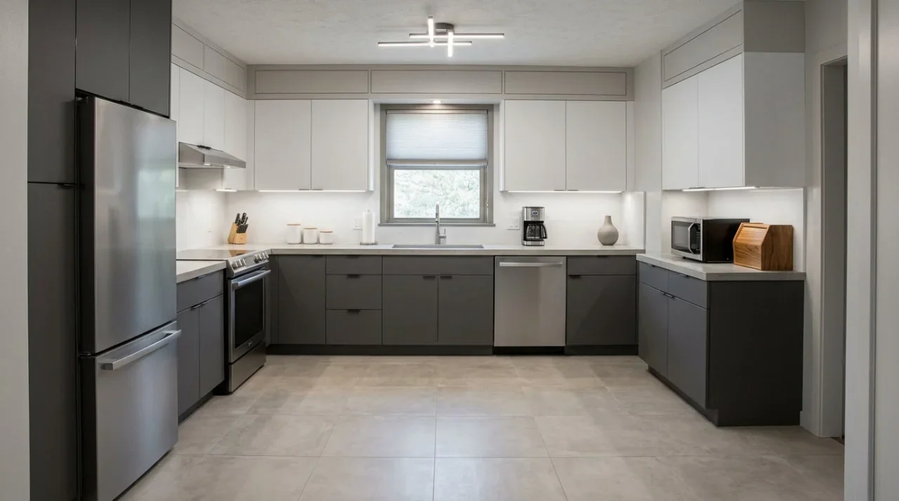 AI-redesigned modern kitchen with handleless matte cabinets, stone worktop and integrated lighting.