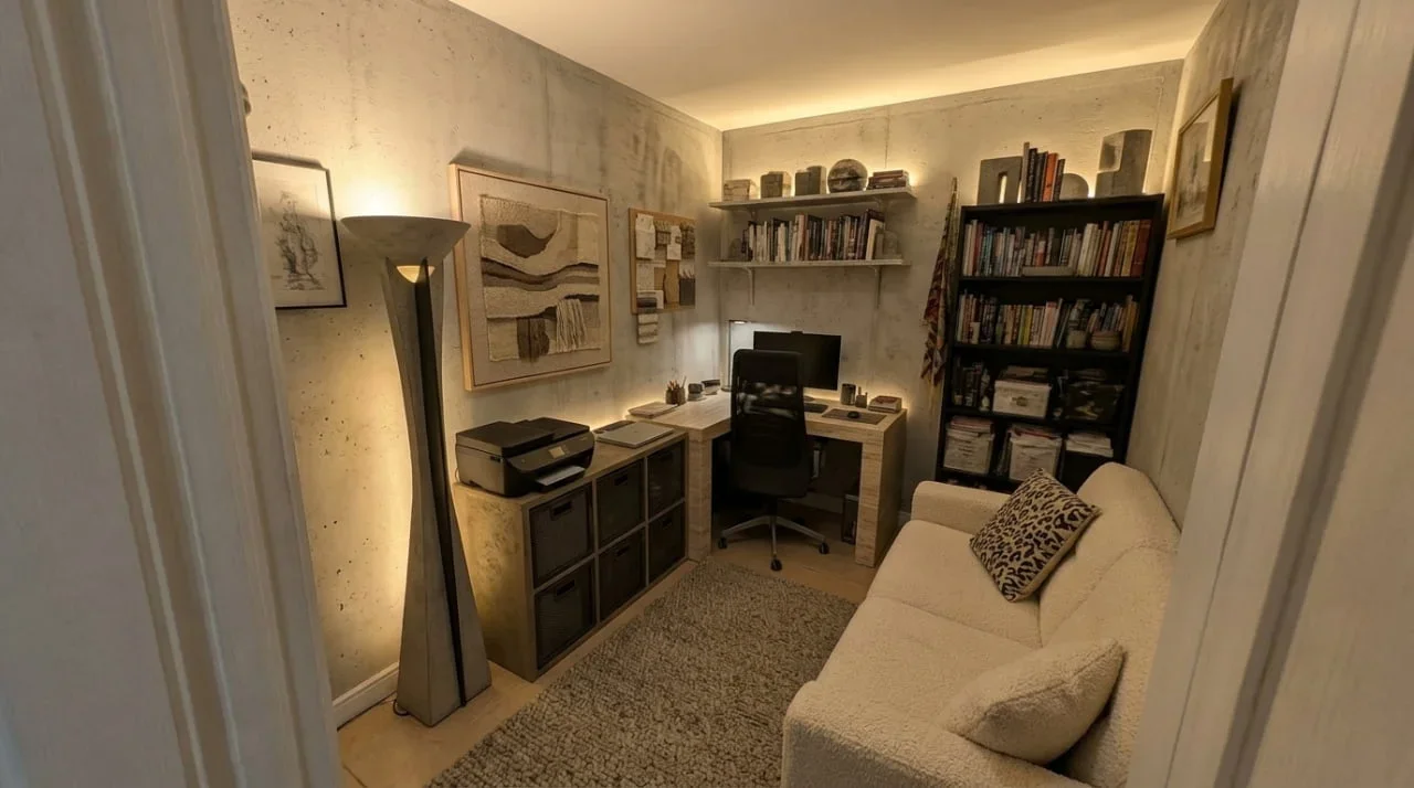 AI-redesigned soft brutalist home office with sculptural concrete surfaces, oak desk and soft diffused light.