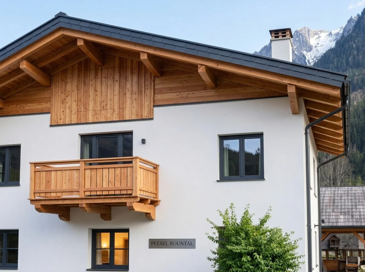 AI renovated alpine chalet with white render, larch timber balcony and dark grey window frames.