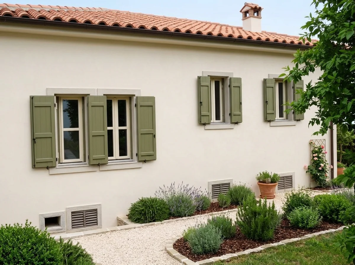 AI renovated Mediterranean villa with warm white lime wash render and olive-green timber shutters.