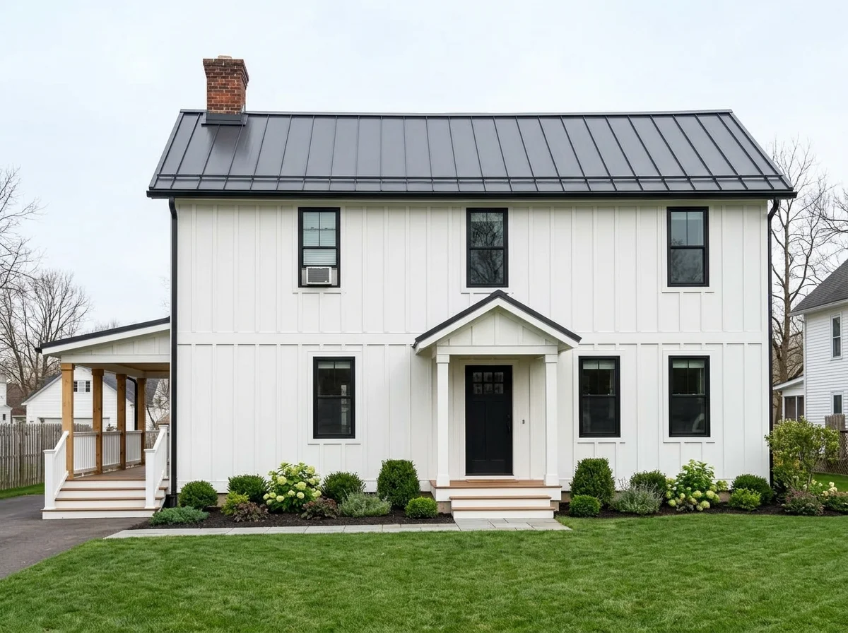 AI renovated modern farmhouse with white board-and-batten cladding and a black standing seam metal roof.