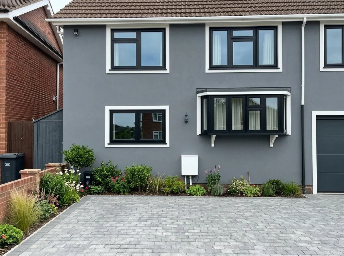 AI renovated semi-detached house with smooth anthracite grey render, black windows and a new paved driveway.