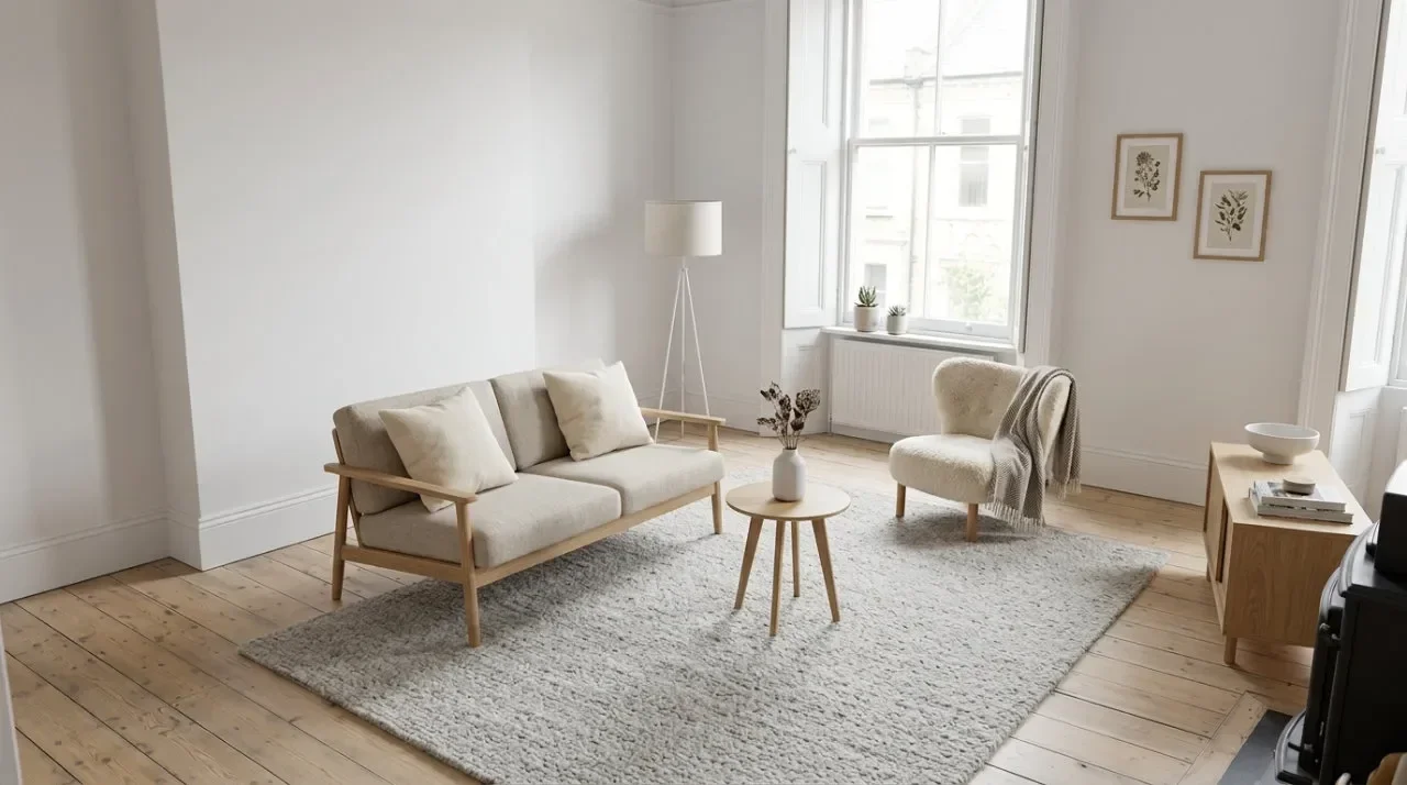 Modern Scandinavian-style living room with a light sofa, wooden floor, and coffee table.