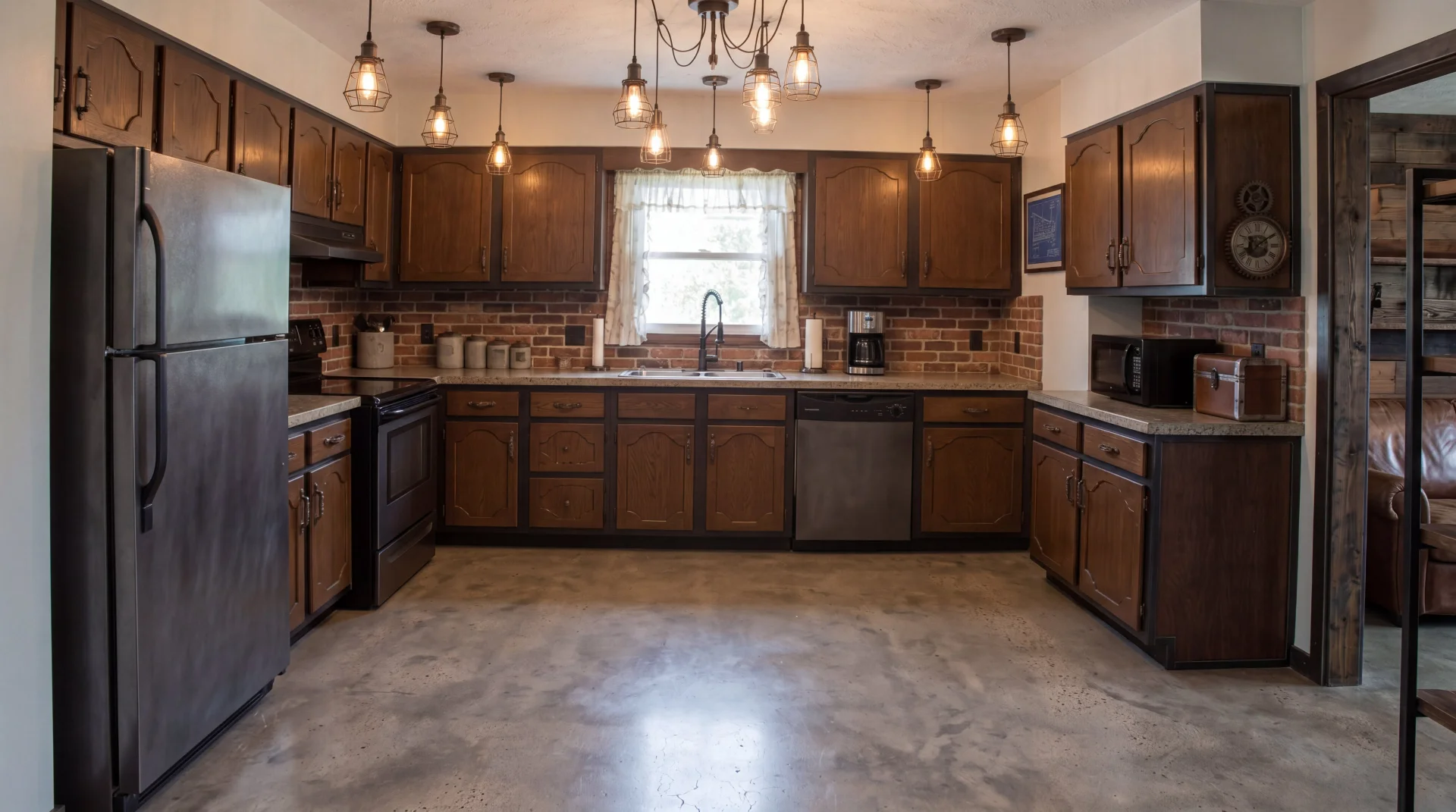Industrial style kitchen with dark wood cabinets, exposed red brick backsplash, and cage pendant lights.a